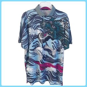 New W/Tags Greyson Mythical Sea Polo Shirt Sky Stone Dragon Wave Print Men's L